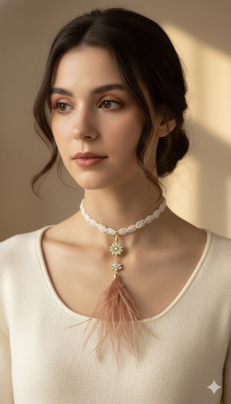 Handmade Pink Coque Feather Pendant Choker Necklace